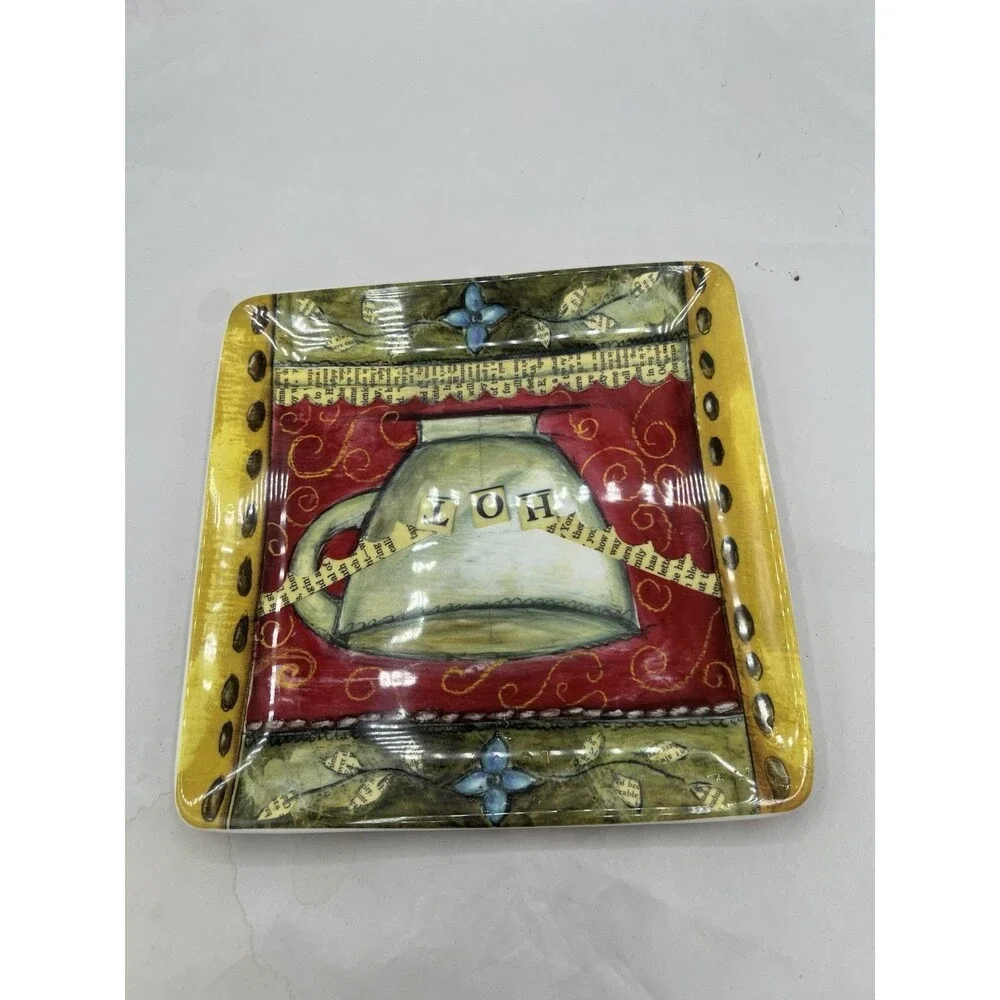 Certified International Ceramic Square Plate Coffee Cup Red Black Beige